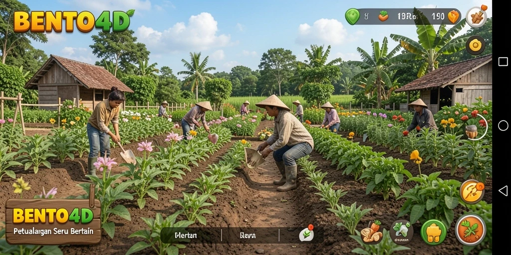 Tampilan gameplay BENTO4D dengan ladang yang hijau subur.